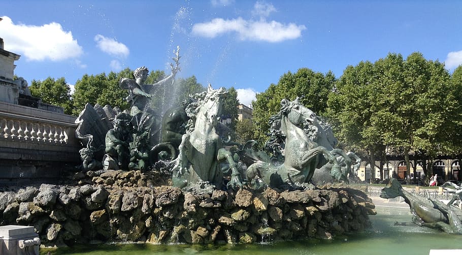 bordeaux, fountain, fountain detail, horses, sculpture, water, art and craft, representation, statue, architecture