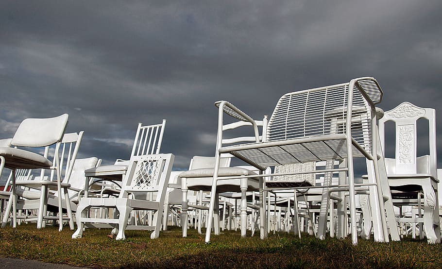 empty, white, chairs, Christchurch, earthquake, armchairs, armless, chair, sky, cloud - sky