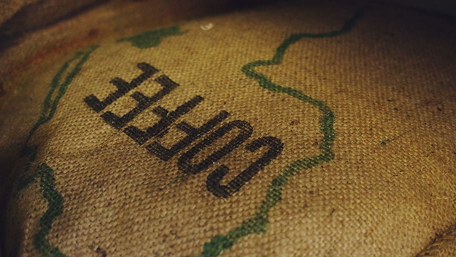 brown coffee sack, Burlap Sack, Bag, Coffee, text, close-up, full frame, textured, brown, western script