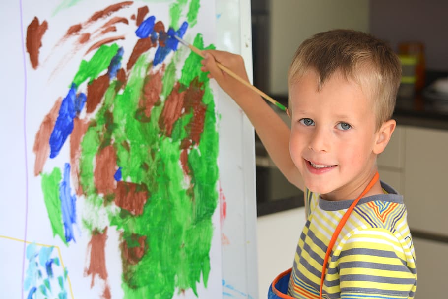 boy painting, paper, boy, child, people, painting, brush, smile, drawing, colors