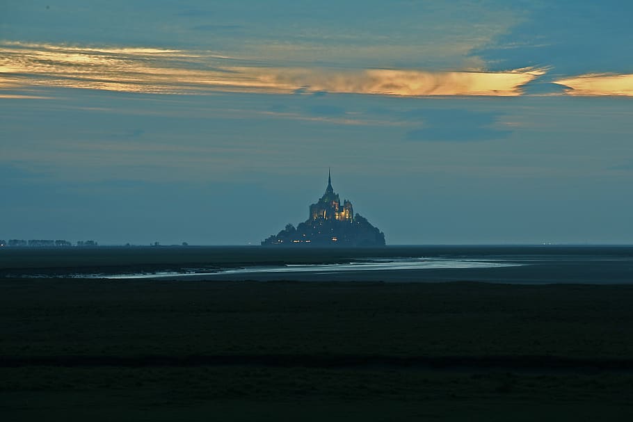 mont saint michel, monastery, normandy, france, church, water, sea, sky, architecture, built structure