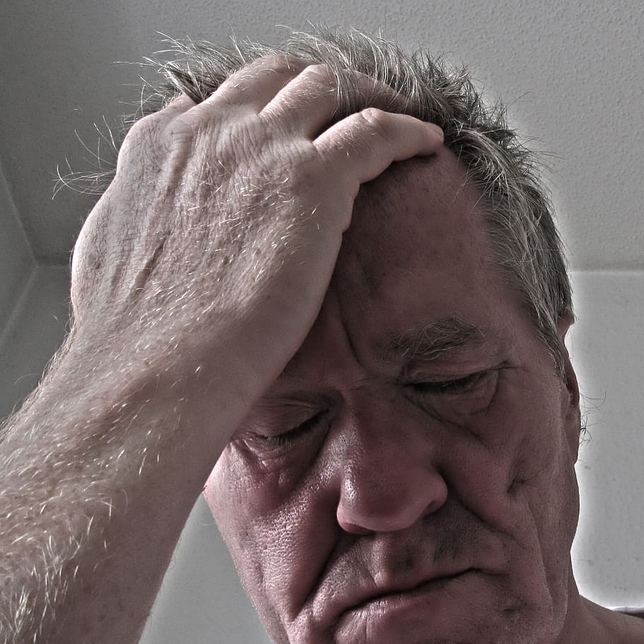 man holding forehead, stress, man, hand, face, old, voltage, burnout, headache, psychology
