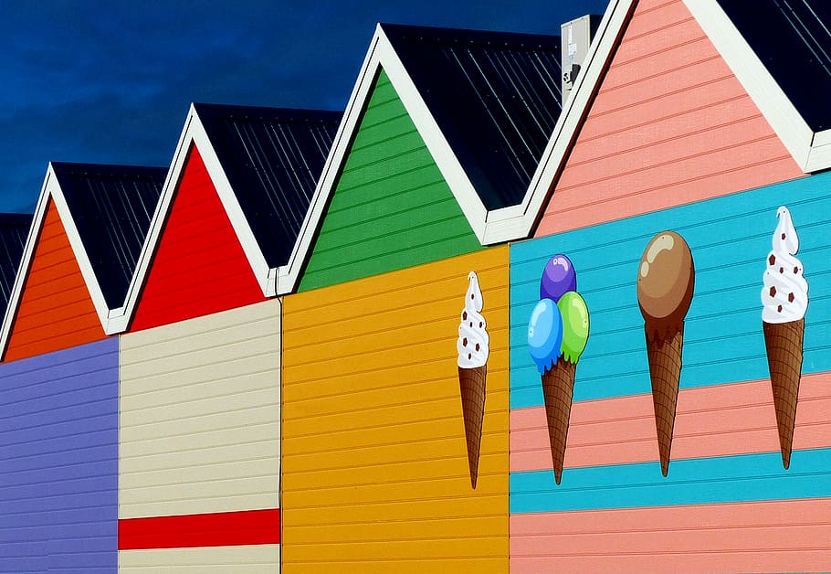 Riviera, Ice Cream, Parlour, Lakes Entrance, four assorted-color wooden houses, multi colored, architecture, built structure, building exterior, day