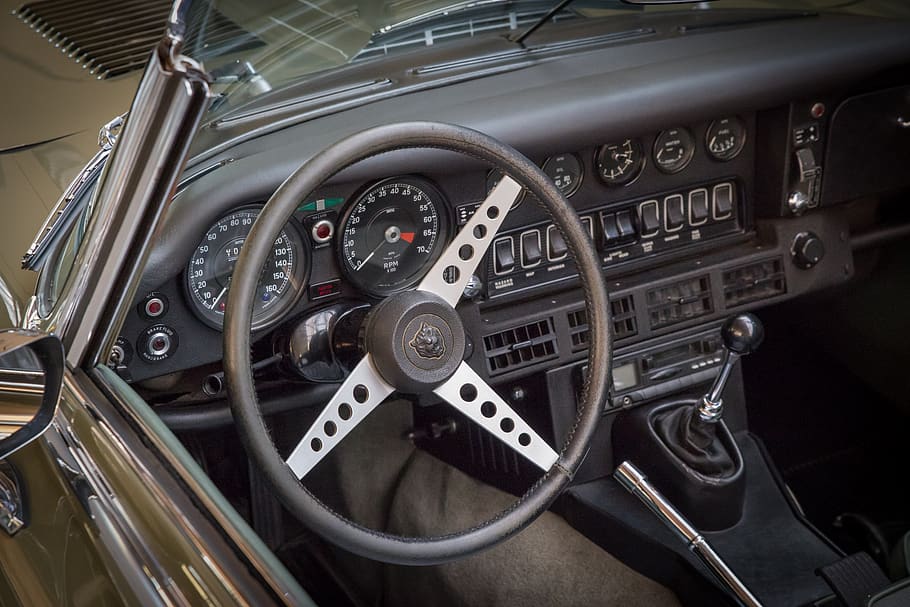 jaguar, cockpit, oldtimer, sports car, steering wheel, vehicle, dashboard, classic, dream car, leather