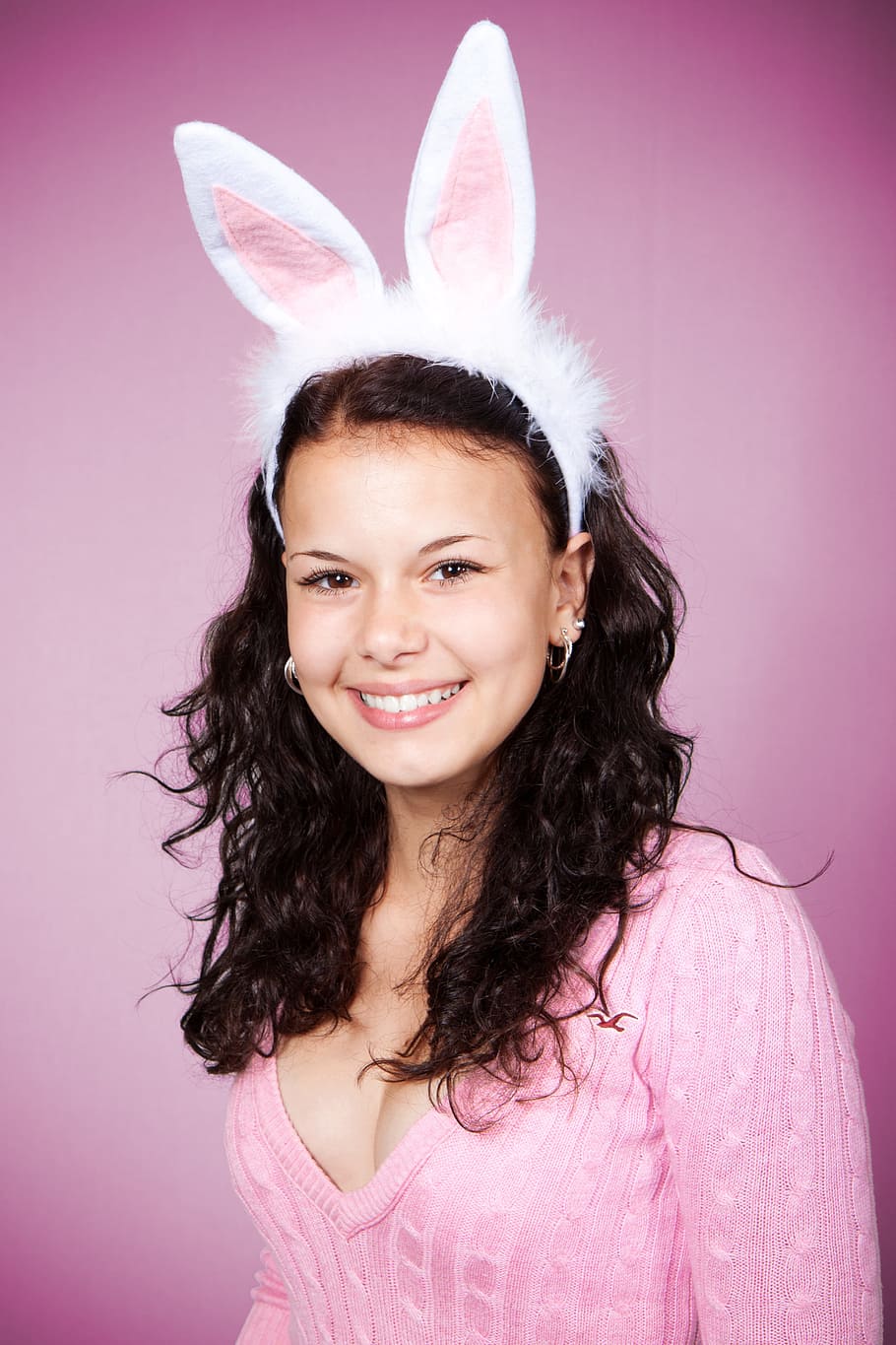 smiling, woman, bunny headband, pink, v-neck, knit, sweater\, bunny, costume, cute