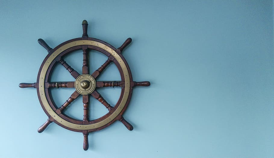 brown, shipping, steering wheel wall decor, steering wheel, blue, twist, sea, management, manage, office