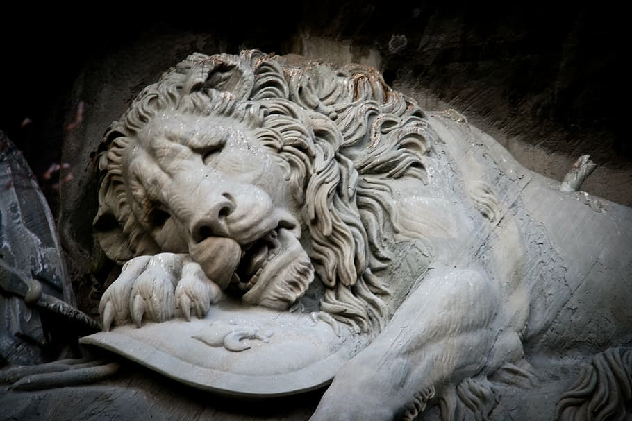 sadness of lions, lucerne, switzerland, sculpture, art and craft, craft, representation, lion - feline, creativity, mammal
