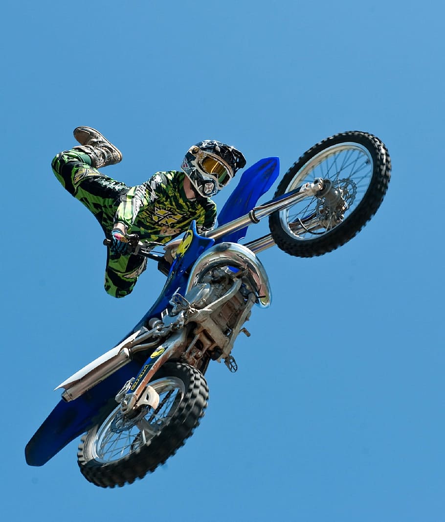 man, riding, blue, motocross dirt bike, motorcycle, stunt, jump, motocross, style, fmx