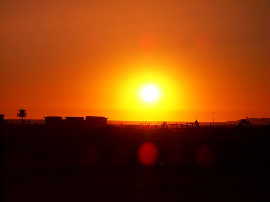 sunset, beach, red, sun, abendstimmung, jerez, spain, orange, vacations, sky