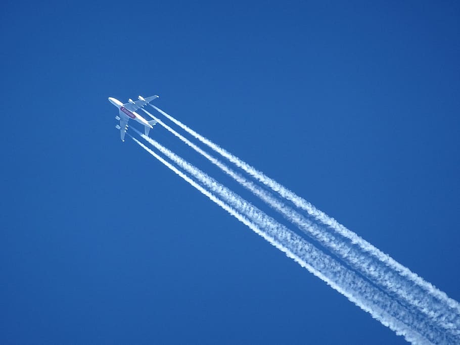white, airplane, air, Aircraft, Contrail, Sky, Blue, Clear, sky, blue, flight