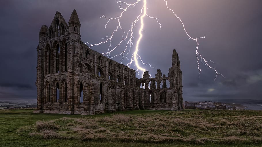 whitby abbey, dracula, lightning, yorkshire, whitby, ruin, moody, gothic, england, historic