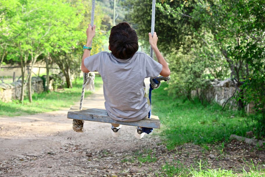 child, swing, game, rock, laughter, joy, spring, summer, outdoors, nature