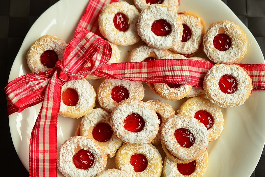 high, angle photo, plate, doughnuts, red, strawberry jam, cookie, christmas cookies, pastries, christmas