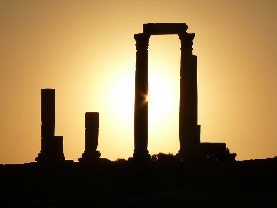silhouette, columns, golden, hour, citadel hill, amman, jordan, holiday, travel, middle east