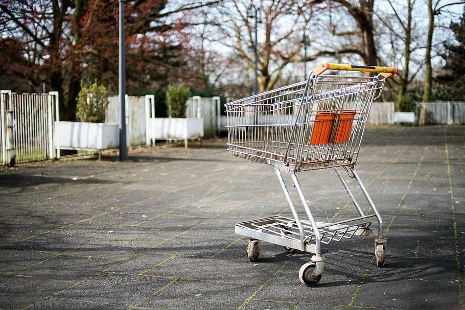 grey grocery cart, cart, grocery, outdoor, trees, plant, shopping Cart, shopping, consumerism, day