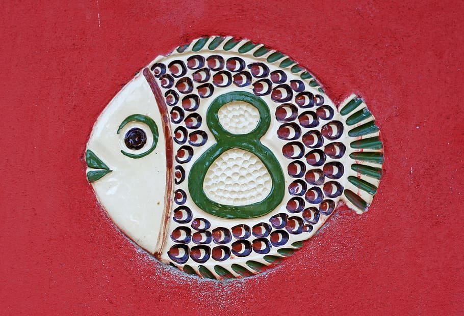 white, green, red, fish decoration, house number, eight, fish, mosaic, 8, number