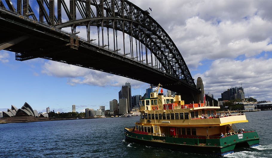 Feri, Jembatan, Sydney, perahu motor, siang hari, arsitektur, transportasi, struktur buatan, air, kapal laut