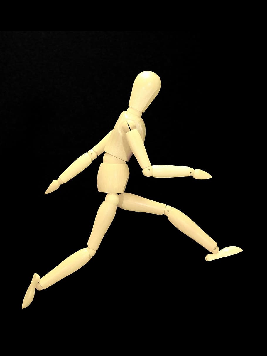 wooden manikin logo, wood, figure, wooden, mannequin, faceless, black background, movement, anonymous, run