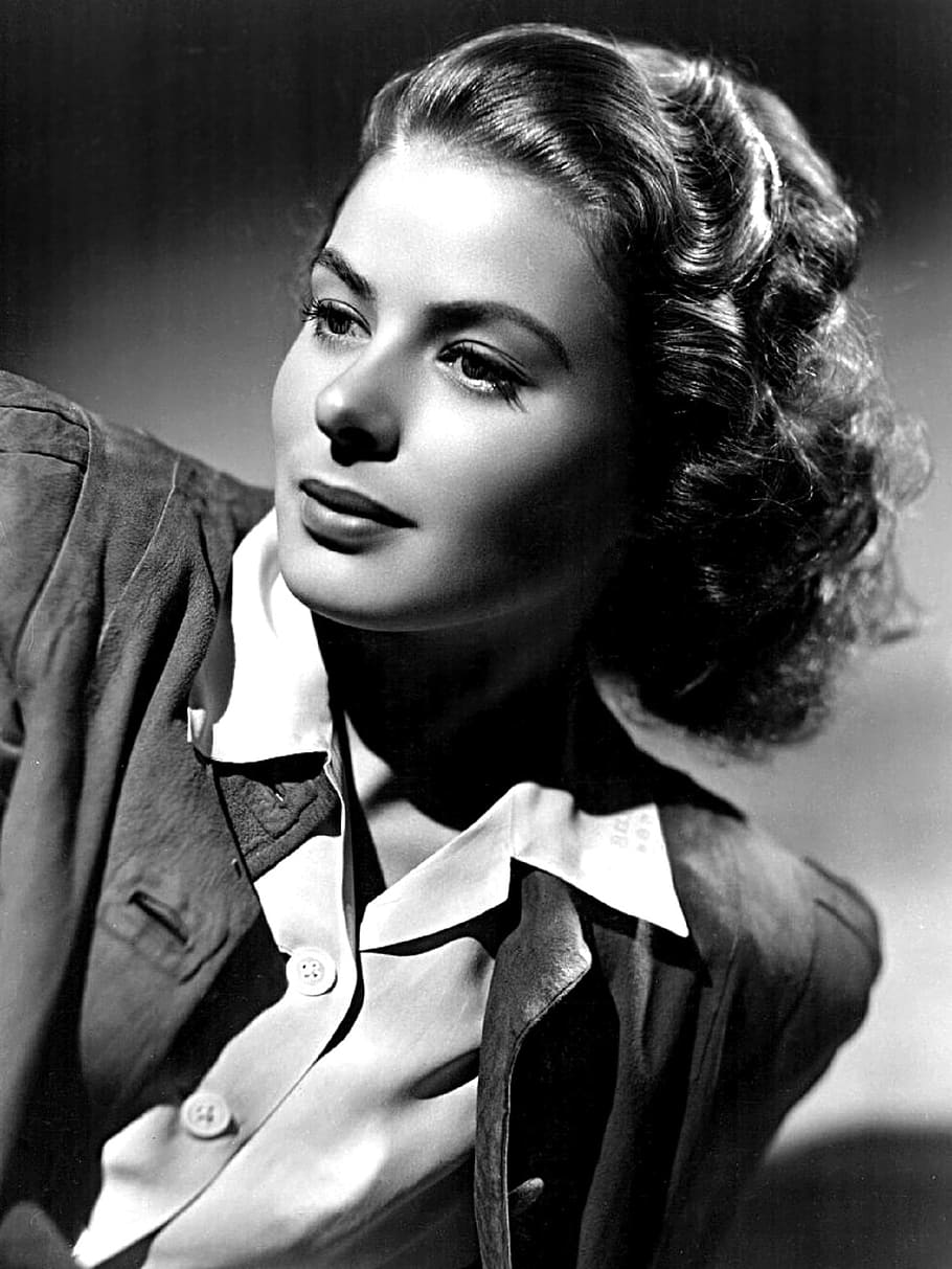 grayscale photo, woman, ingrid bergman, star, movie, actress, person, black and white, monochrome, famous