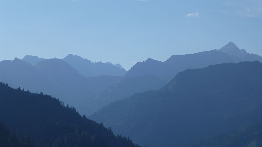 allgäu, panorama, pemandangan, pegunungan, hochvogel, bayangan, puncak, sebagian berawan, langit, biru