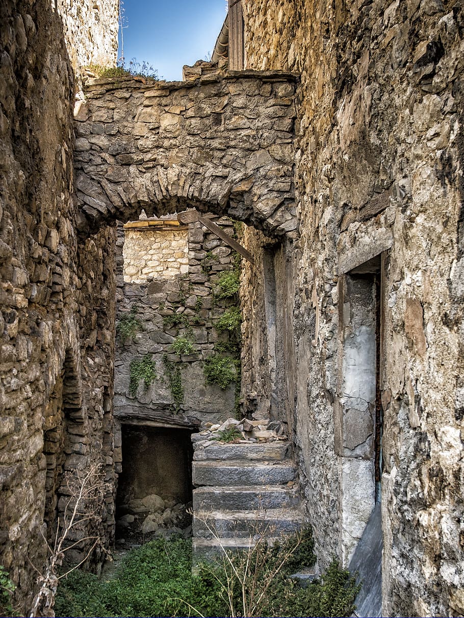gray, stairs, walls, medieval house, building, former, wall, pierre, old village, lane