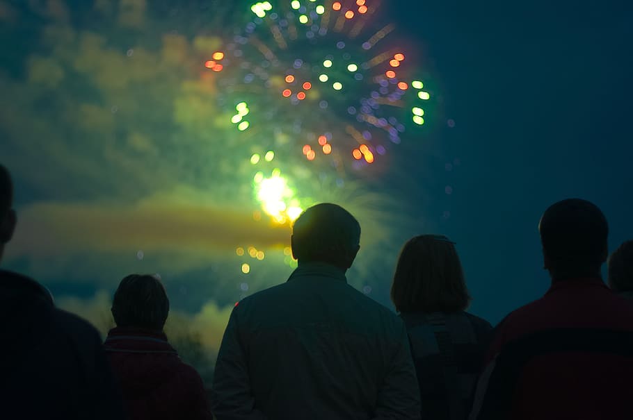 low, angle photo, people, watching, fireworks display, night timephotography, low angle, people watching, night, fireworks