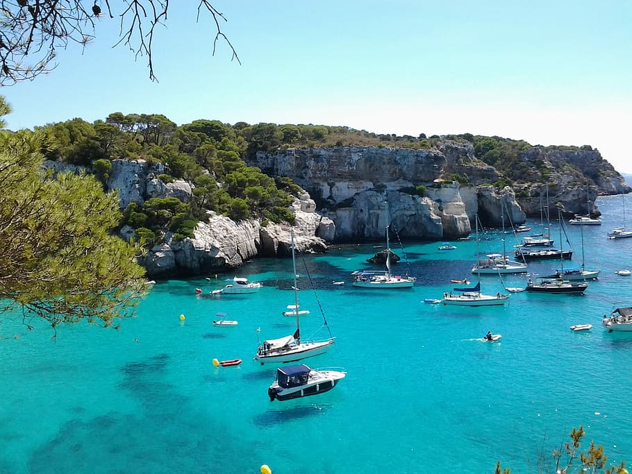 boats, sea, mountain, Beaches, Balearic Islands, Minorca, turquoise colored, water, scenics, beach