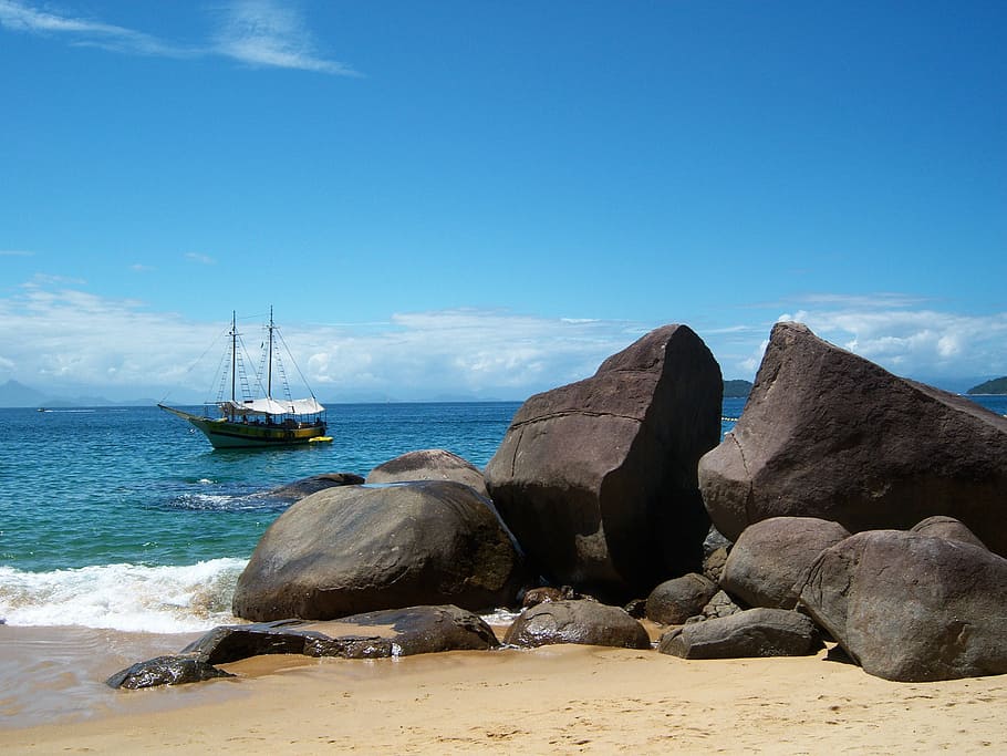 boat, beach, mar, stones, blue sky, paraty, brazil, sea, water, nautical vessel