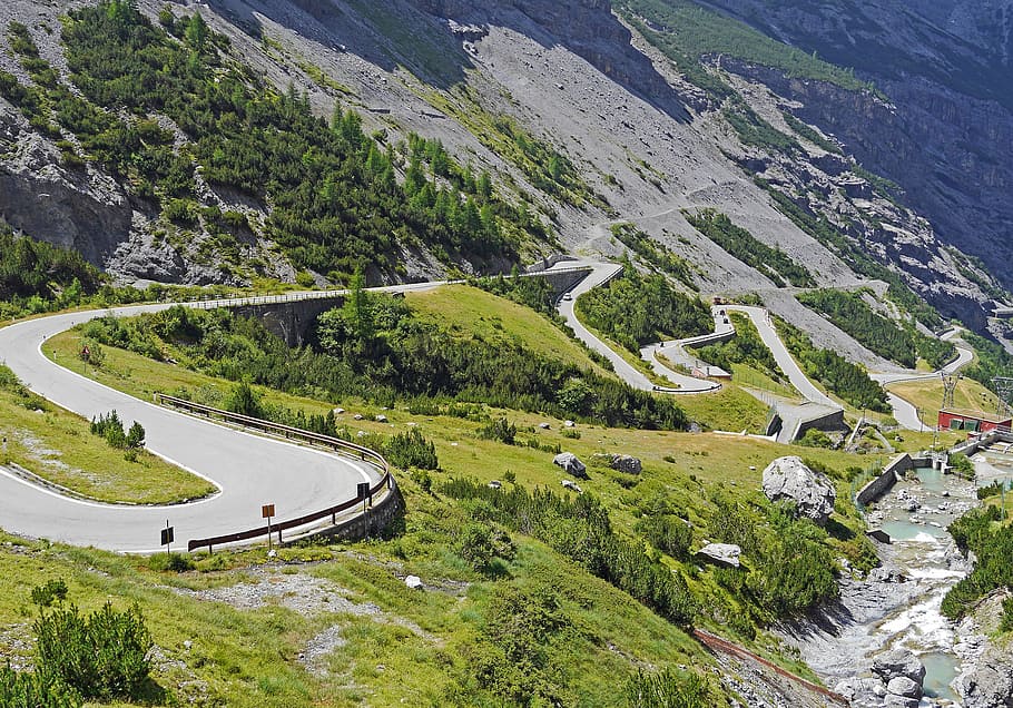 hairpin curve road, stelvio yoke, südrampe, serpentine, pass, pass road, alpine, high alps, italy, passo di stelvio