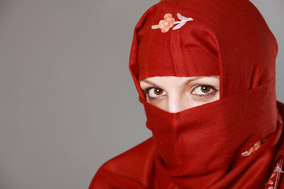 woman, wearing, red, headscarf, muslima, muslim woman, eyes, fashion, traditional, clothing