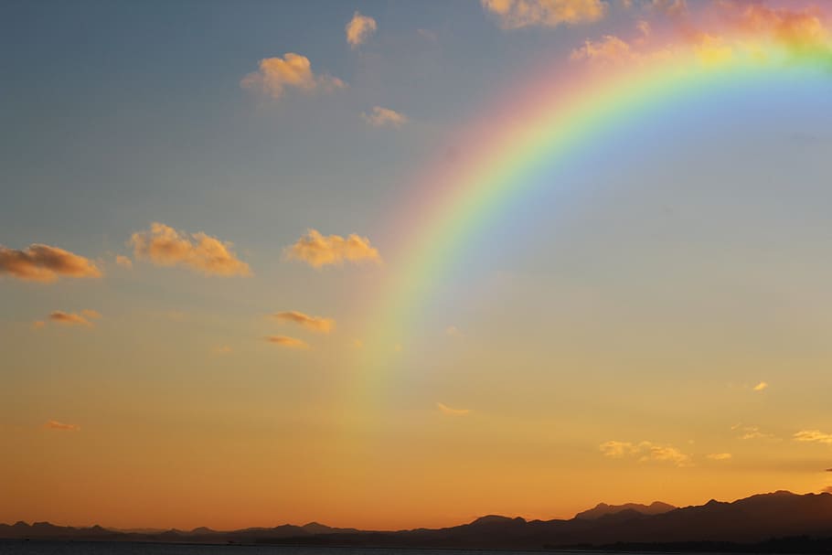 rainbow, blue, sky, nimbus, clouds, background, sunset, cloud, silhouette, mountain
