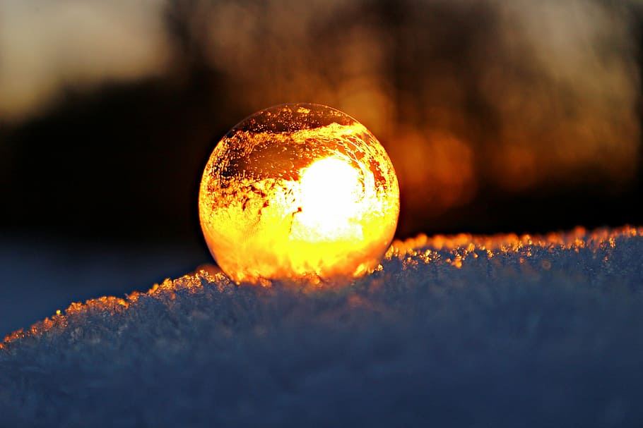shallow, focus, yellow, ball, soap bubble, eiskristalle, frost blister, afterglow, sunset, fire