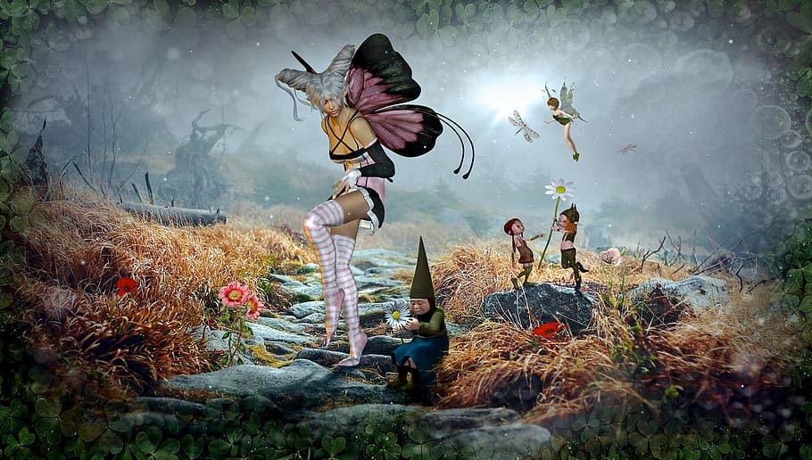 gnomes, fairy, digital, wallpaper, fantasy, fairy tales, elf, composing, nature, landscape