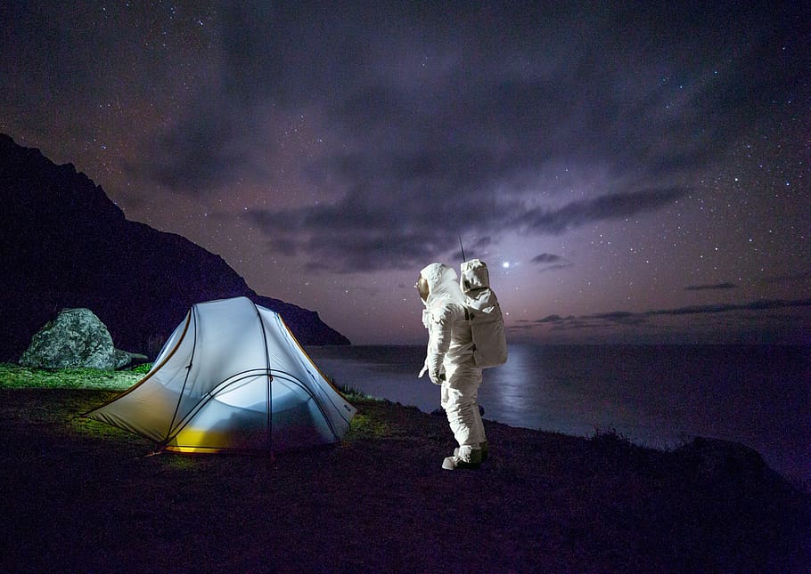 fantasy, night, stars, galaxy, camping, cosmonaut, montage, sky, star - space, one person