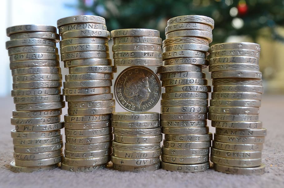 パイル, 丸い銀色のコイン, 選択的, フォーカス写真, 背景, イギリス, 予算, ビジネス, 現金, 変更