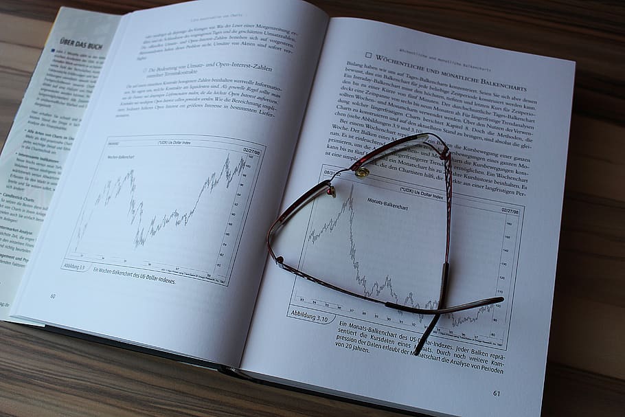 book, content, professional reading, tradingbuch, glasses, read, indoors, text, paper, high angle view