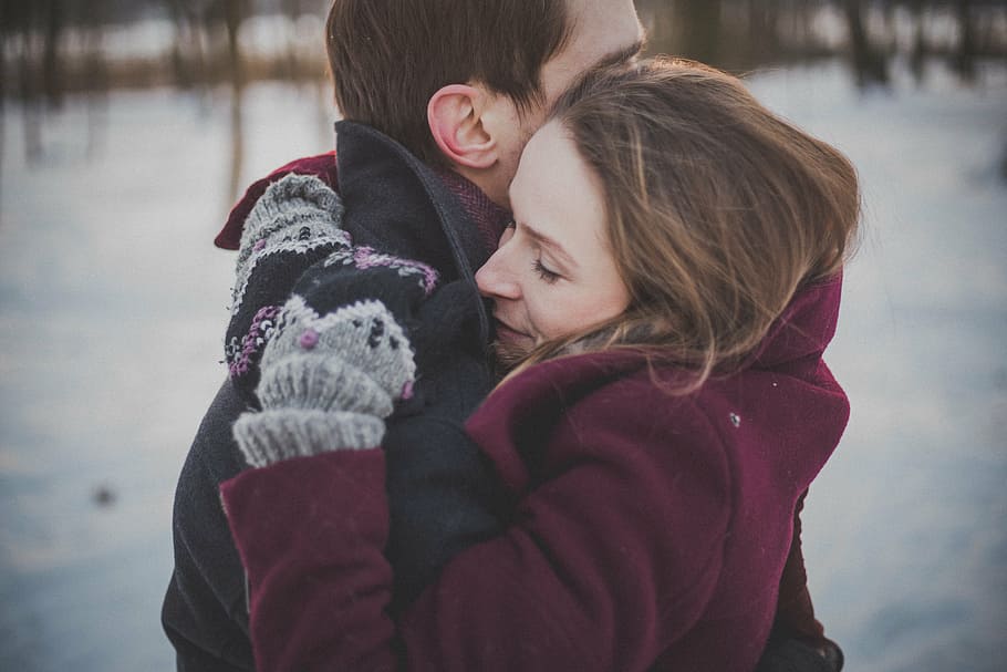 man, woman, embracing, winter, romance couple, hugging, wool coat, snow, peaceful, serene