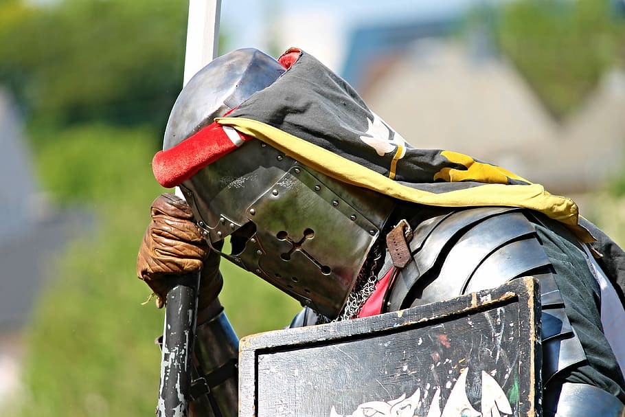 person, wearing, armor, helmet, holding, shield, spear, knight, helm, lance