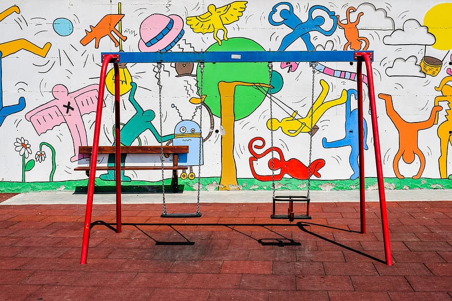 outdoor playground swing, playground, swing, kindergarten, kids playground, preschool, colorful, graffiti, creativity, multi colored