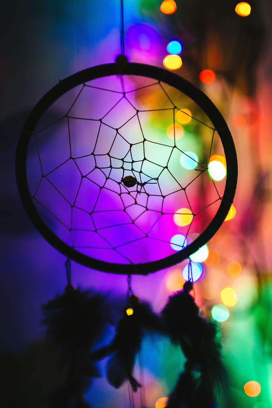 black dream catcher, colorful, colourful, dream catcher, lights, silhouette, illuminated, focus on foreground, multi colored, decoration