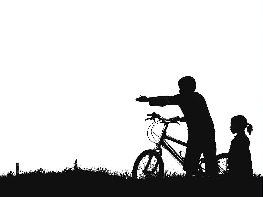 silhouette, man, girl, bike, kids, black and white, pointing, bicycle, child, active
