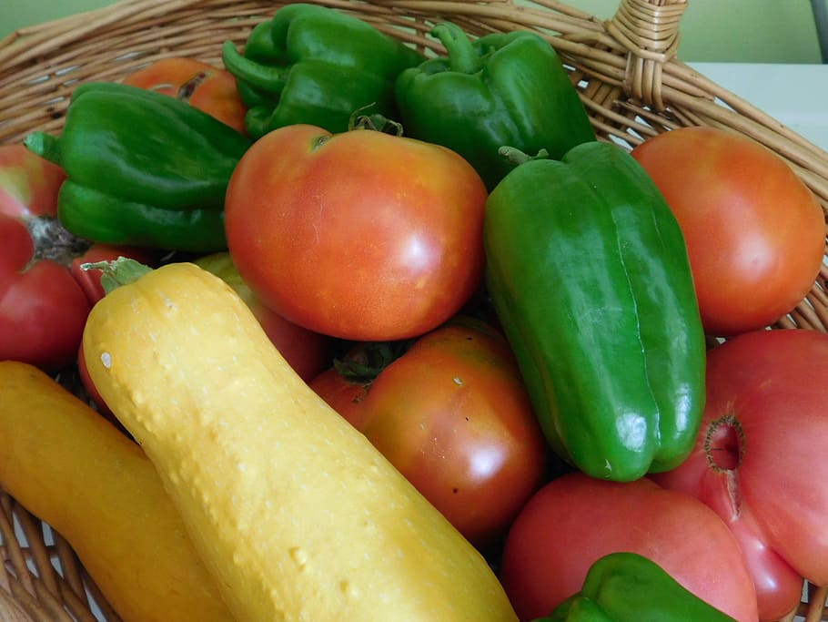 fresh, vegetables, garden, healthy, food, tomato, green peppers, yellow squash, vegetable, freshness