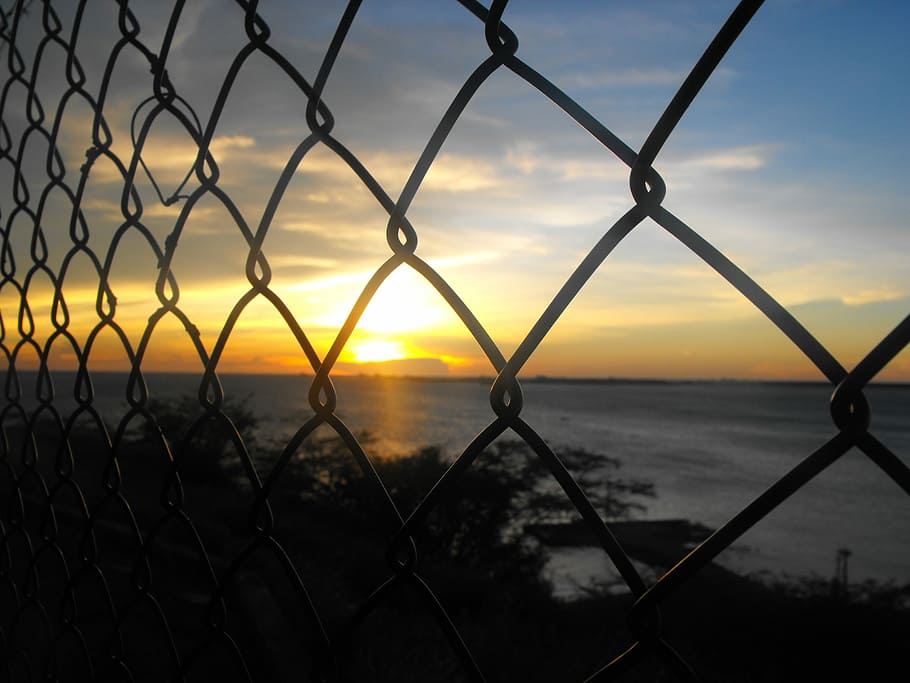 wired, wire, jail, iron, sky, fence, sunset, barrier, protection, chainlink fence