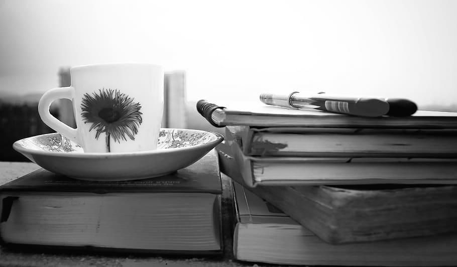 desktop, food, tea, cup, books, black, white, pen, surrounding, love