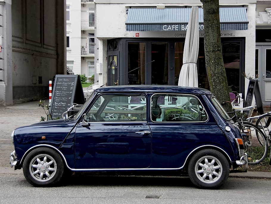 blue, 3-door, 3- door hatchback, parked, black, tree, auto, alu, alloy wheel, made of aluminium