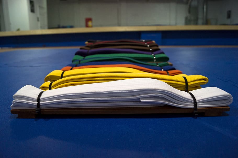 assorted-color karate belt, blue, surface, inside, room, Belts, Colors, Martial Arts, Karate, no People