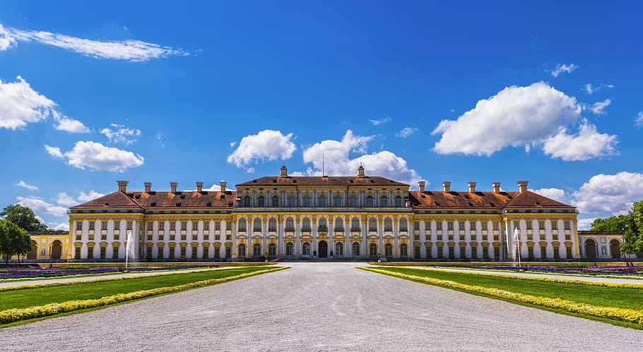 white, brown, concrete, palace, grass field, daytime, schleißheim, castle, unterschleissheim germany, bavaria