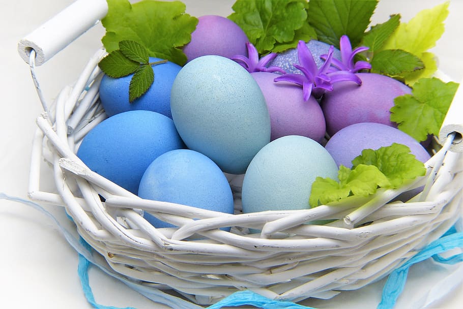 basket, blue, purple, easter eggs, easter, egg, food, nature, healthy, leaf