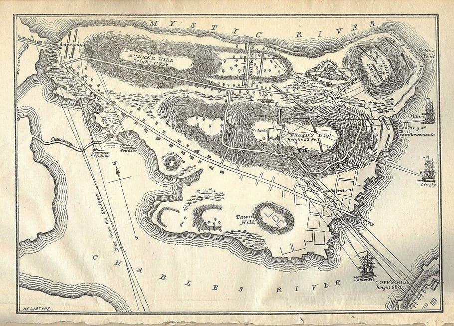historic, map, featuring, military, notes, Bunker Hill, American Revolution, military notes, public domain, strategy