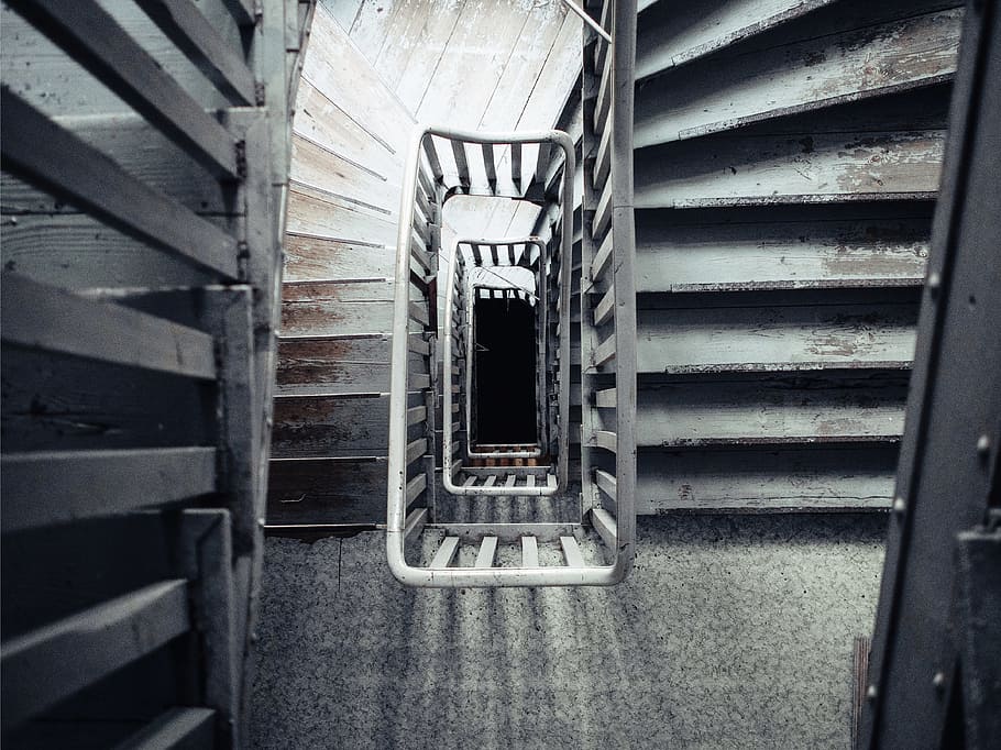 optical, illusion, stairs, looking down, house, walking, scary, creepy, dirty, weathered